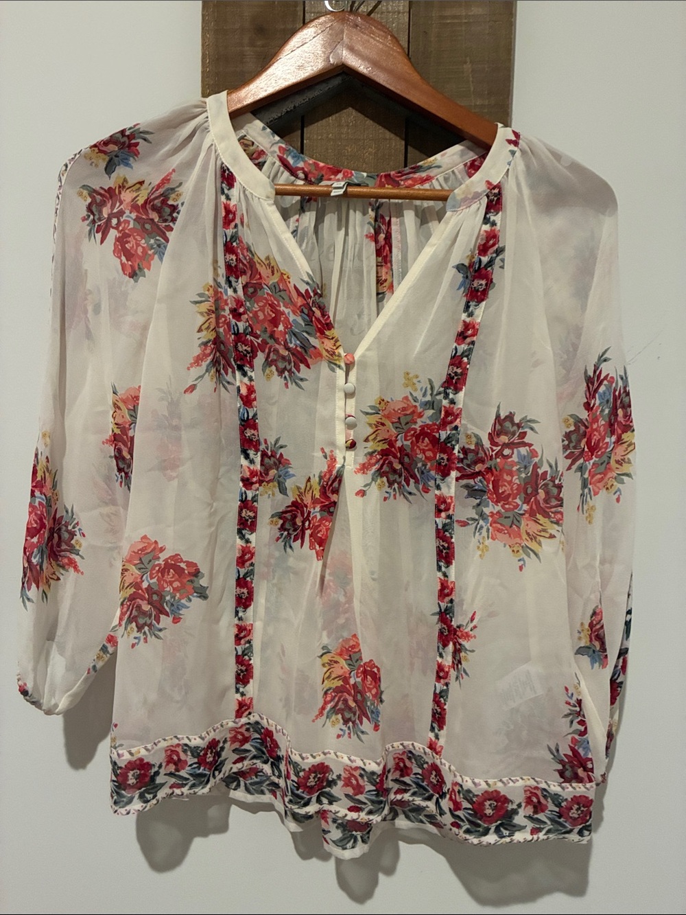 Joie Cream Sheer Floral Peasant Blouse with Red Bouquet Print